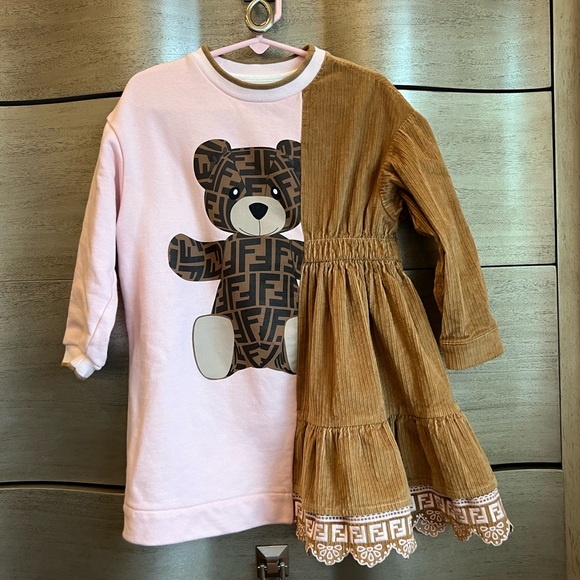 Fendi Beige and pink fleece and velvet dress with teddy bear
